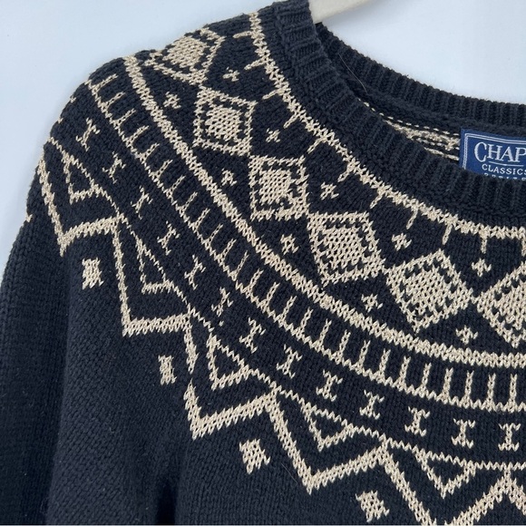 Chaps Classic Petite Lurex Geometric Print Long Sleeve Black Cream Sweater - Picture 4 of 10